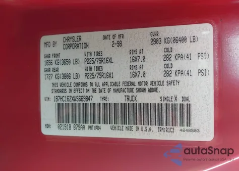 1998 Dodge Ram 1500 St из США, поврежденный, VIN 1B7HC16ZXWS669847